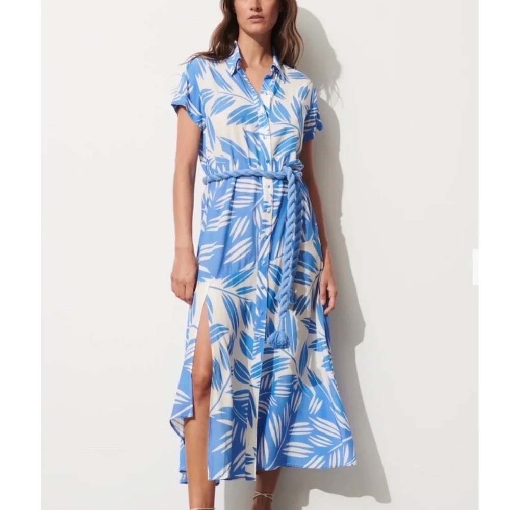 Figue x Anthropologie Jenny Blue White Palm Leaf Button Down Midi Dress Belted S